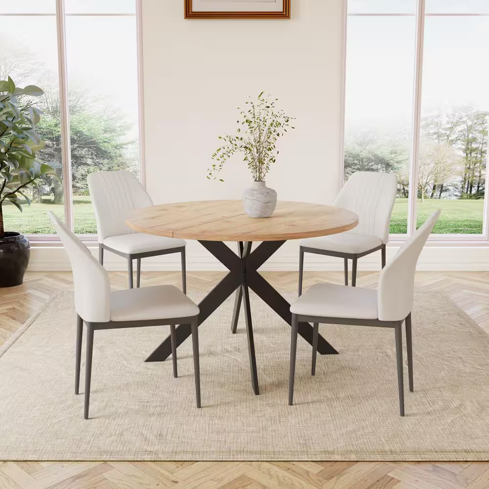 5-Piece White Chairs and round Oak Wood Top, Dining Table Set, Dining Room Set with 4-Modern Chairs
