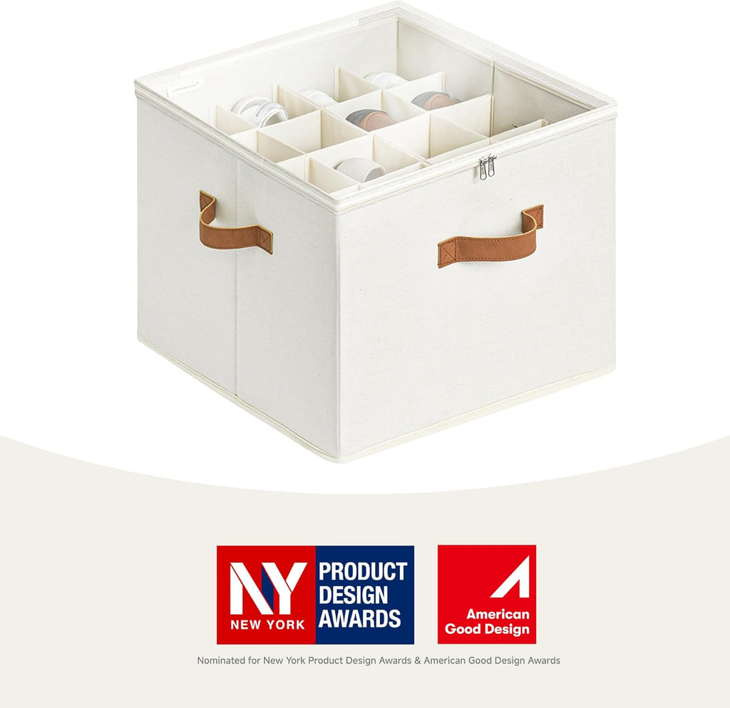 Shoe Organizer for Closet, Shoe Storage Cubby Containers with Adjustable Dividers and Clear Cover, Fits up to 16 Pairs, Foldable Shoe Storage Box for Closet, Entryway, Beige