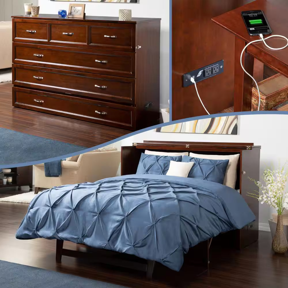 Deerfield Walnut Brown Wood Frame Queen Murphy Bed Chest with 6 In. Mattress, Storage Drawer and Built-In Charger