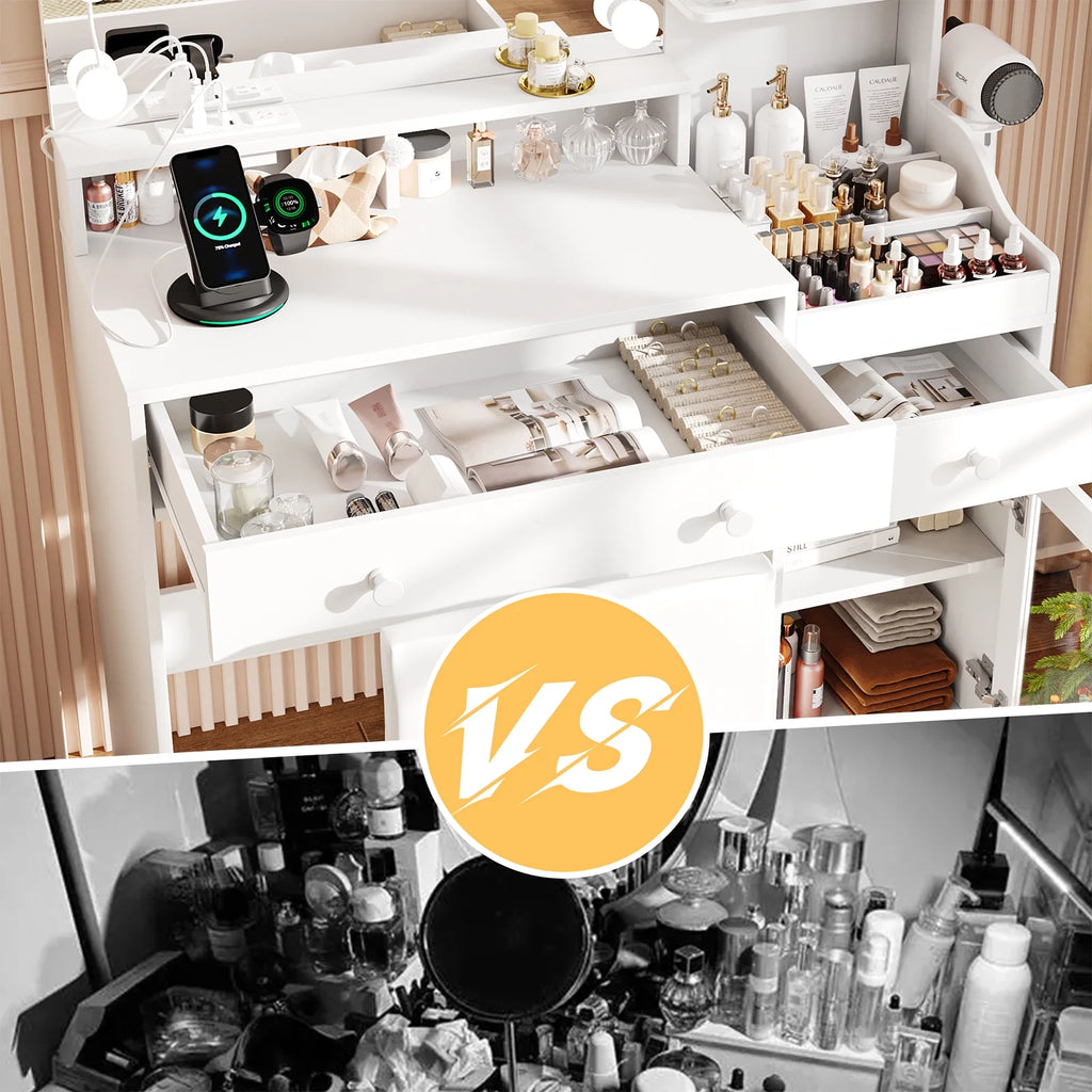 39.8" White Vanity Desk with Mirror and Lights, Modern Makeup Table with Charging Station and Storage