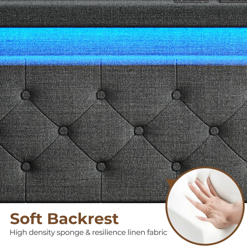 Upholstered Storage Bed with Adjustable Headboard, LED Lights and USB Power Strips