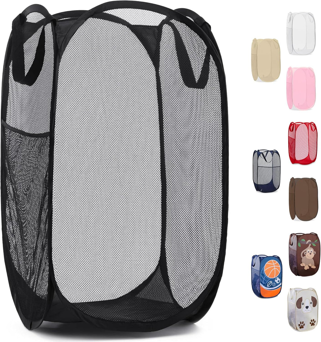 Collapsible Mesh Pop up Hamper with Wide Opening and Side Pocket - Breathable, Sturdy, Foldable, and Space-Saving Design for Clothes and Storage (Black)
