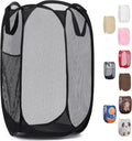 Collapsible Mesh Pop up Hamper with Wide Opening and Side Pocket - Breathable, Sturdy, Foldable, and Space-Saving Design for Clothes and Storage (Black)