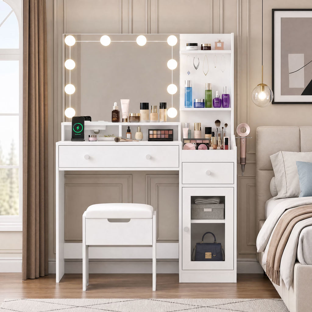 39.8" White Vanity Desk with Mirror and Lights, Modern Makeup Table with Charging Station and Storage