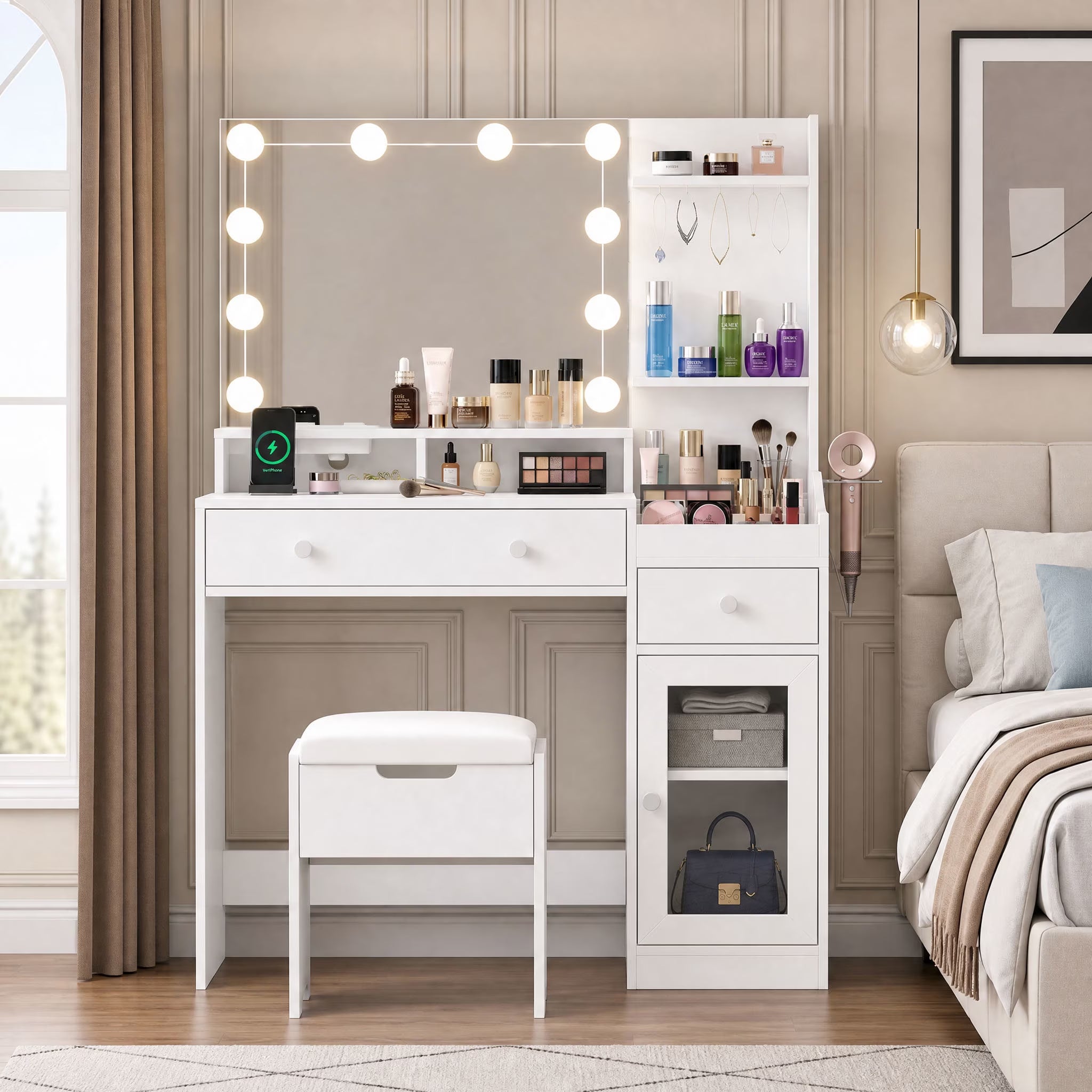 39.8" White Vanity Desk with Mirror and Lights, Modern Makeup Table with Charging Station and Storage