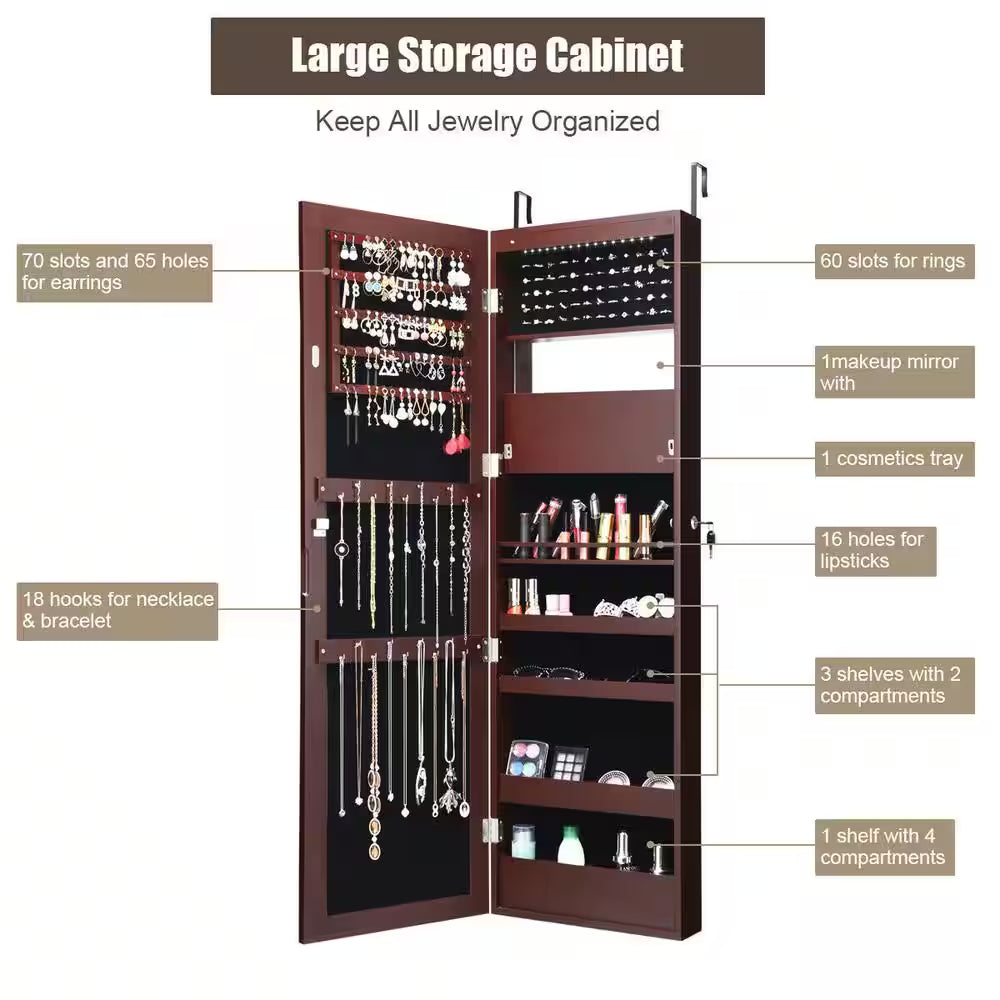 47 In. H X 14.5 In. W X 3.5 In. D Wall Door Mounted Lockable Jewelry Cabinet Armoire Organizer with LED Brown