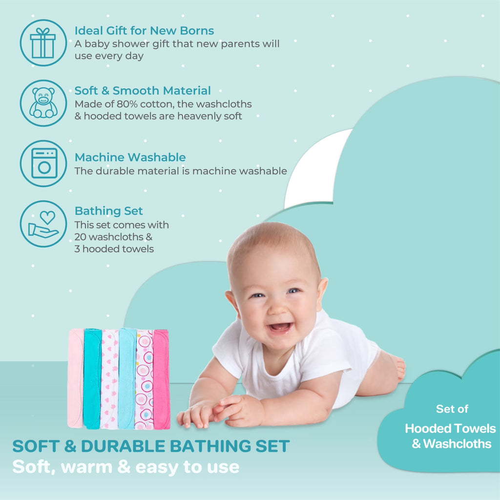 Bath Hooded Towels & Washcloths Set for Babies, 23-Piece Gift Set, White Butterfly