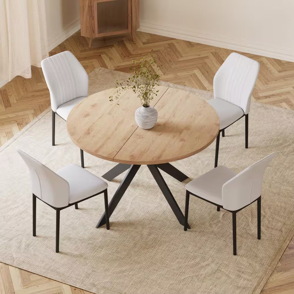 5-Piece White Chairs and round Oak Wood Top, Dining Table Set, Dining Room Set with 4-Modern Chairs