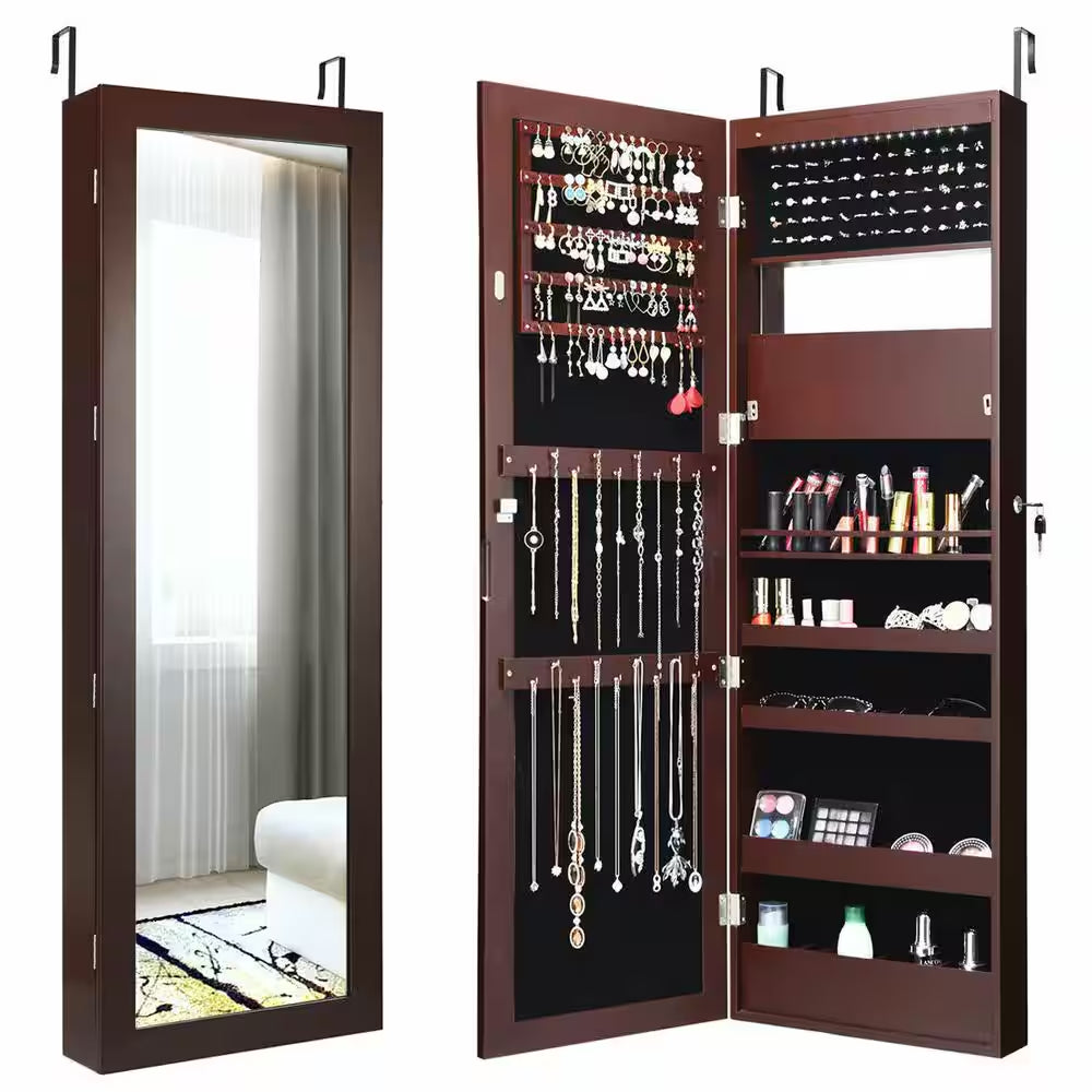 47 In. H X 14.5 In. W X 3.5 In. D Wall Door Mounted Lockable Jewelry Cabinet Armoire Organizer with LED Brown