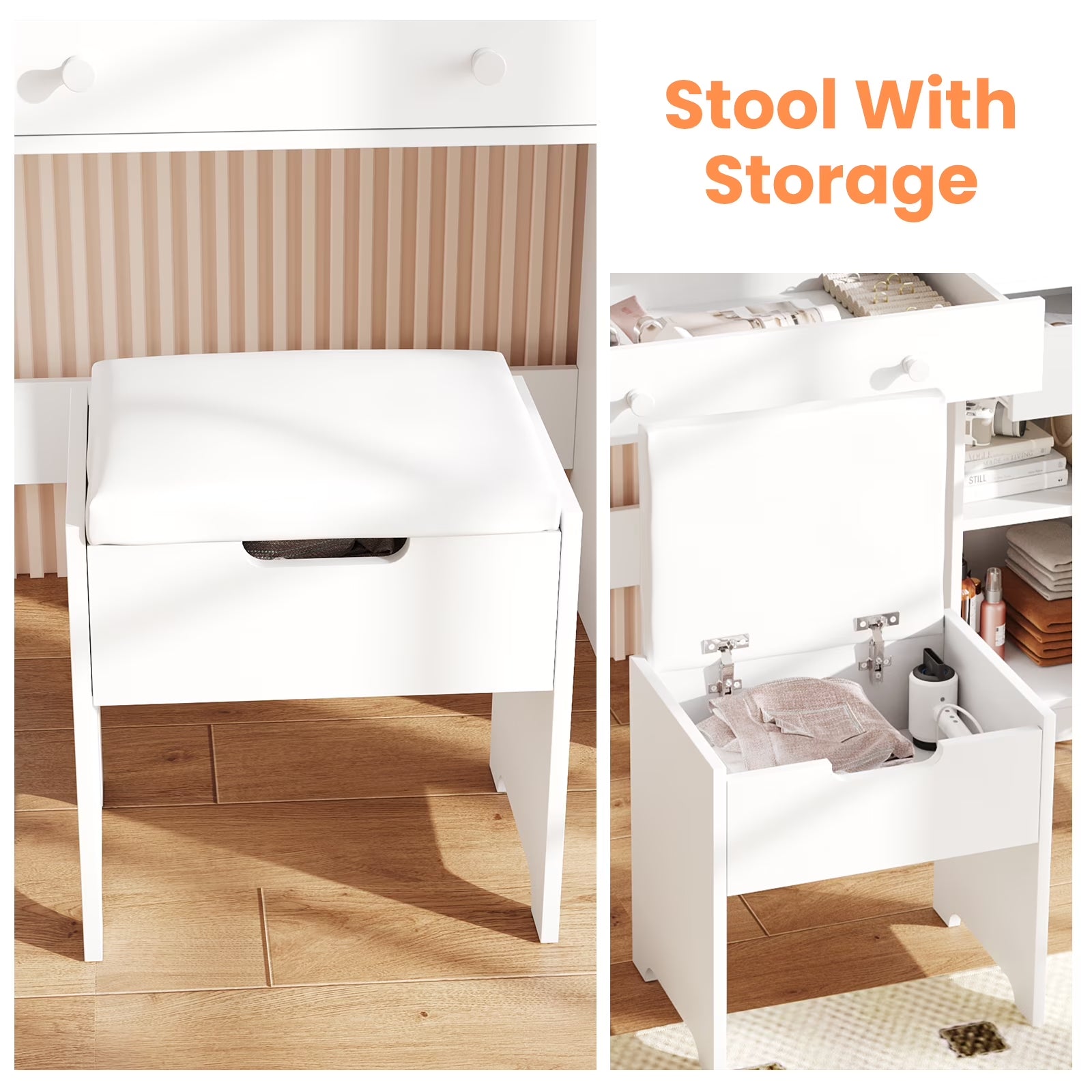 39.8" White Vanity Desk with Mirror and Lights, Modern Makeup Table with Charging Station and Storage
