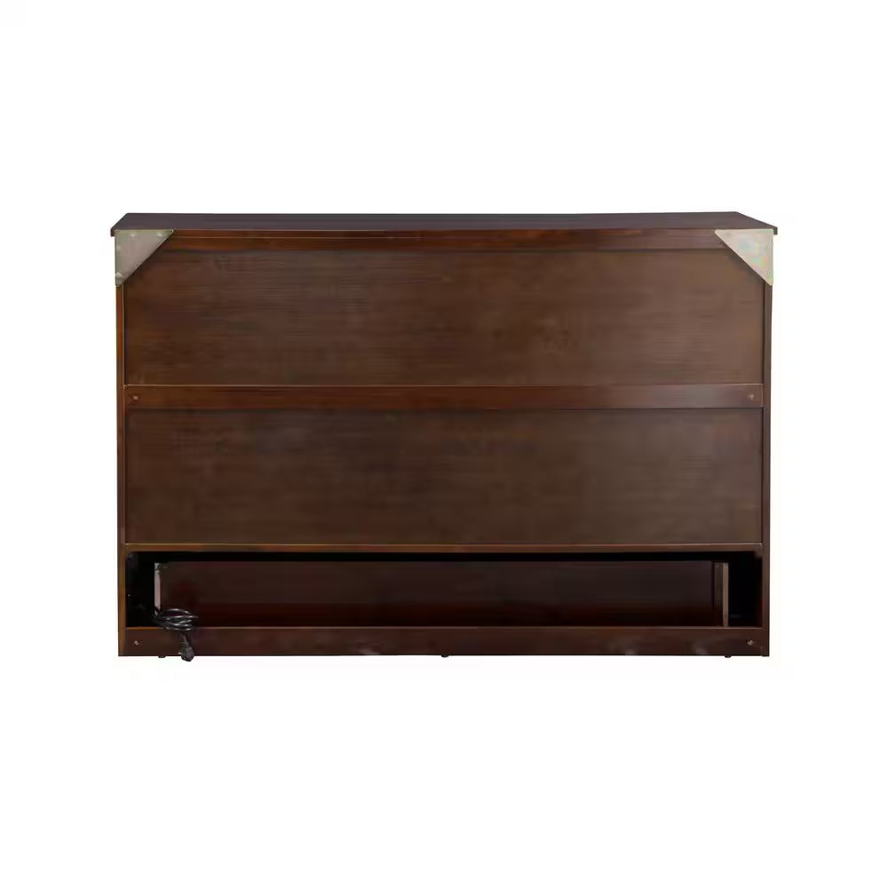 Deerfield Walnut Brown Wood Frame Queen Murphy Bed Chest with 6 In. Mattress, Storage Drawer and Built-In Charger