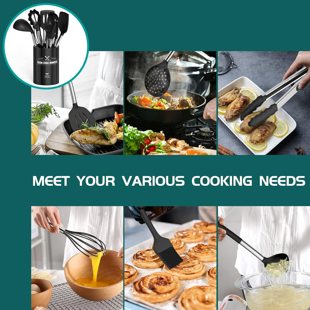 Silicone Cooking Utensil Set,  15Pcs Silicone Cooking Kitchen Utensils Set, Non-Stick - Best Kitchen Cookware with Stainless Steel Handle - Black Kitchen Utensils