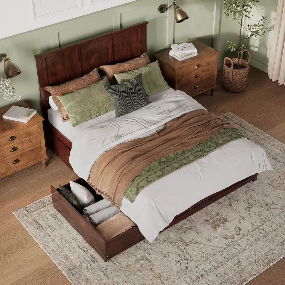 Madison Walnut Brown Solid Wood Frame Queen Platform Bed with Matching Footboard and Storage Drawers
