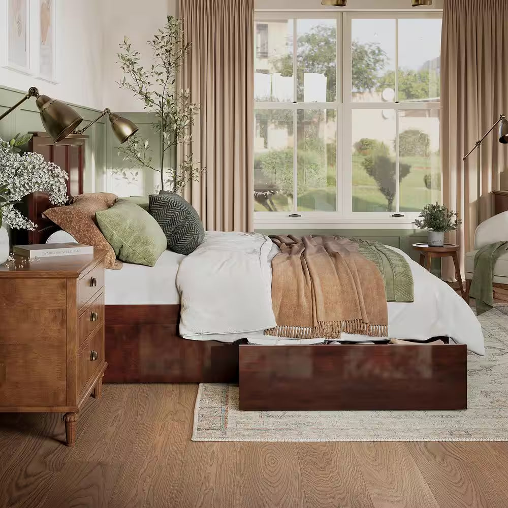 Madison Walnut Brown Solid Wood Frame Queen Platform Bed with Matching Footboard and Storage Drawers