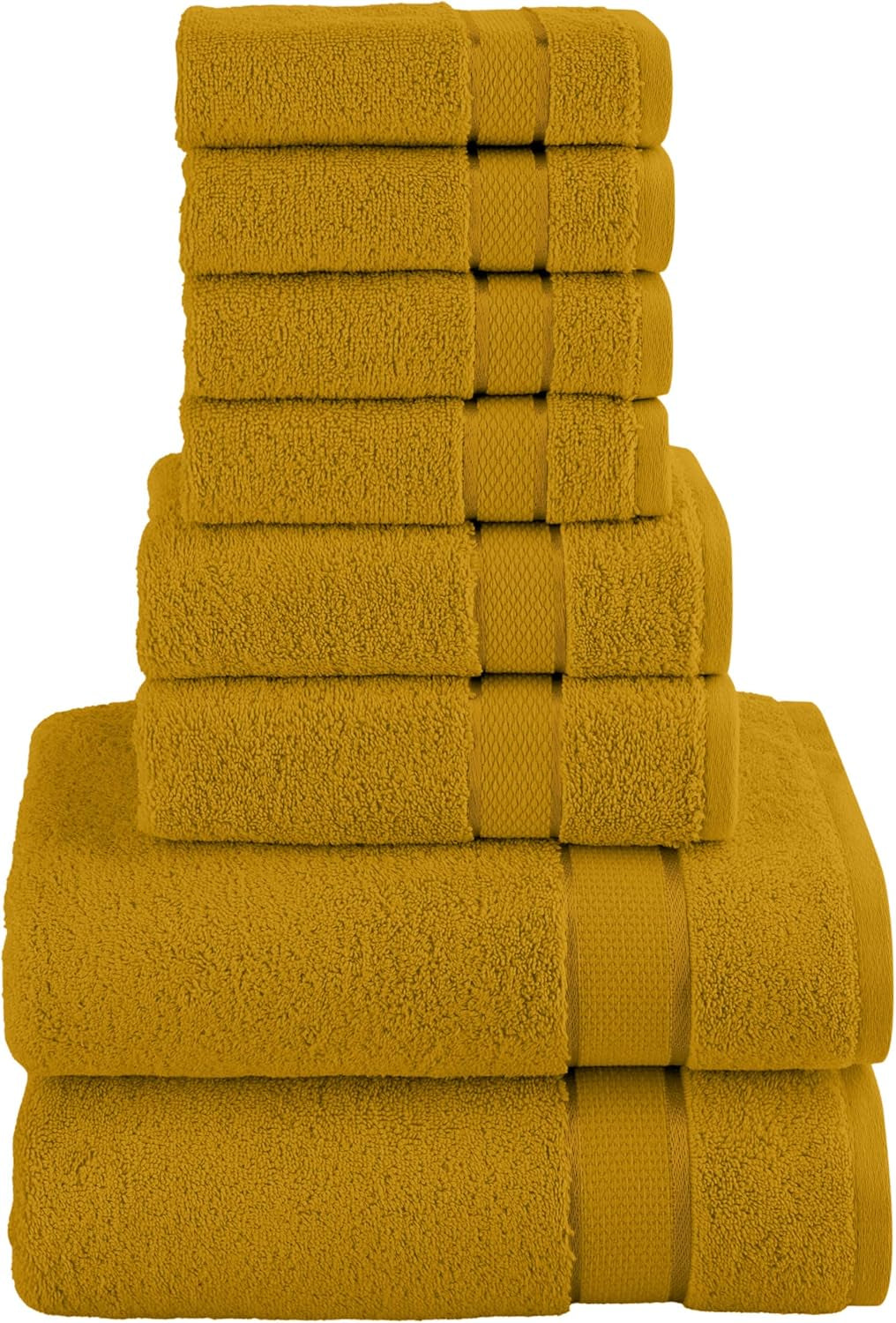 Premium Cotton 8-Piece Towel Set, Includes 4 Washcloths, 2 Hand Towels and 2 Bath Towels, 100% Turkish Cotton - Highly Absorbent and Super Soft Towels for Bathroom, Gold