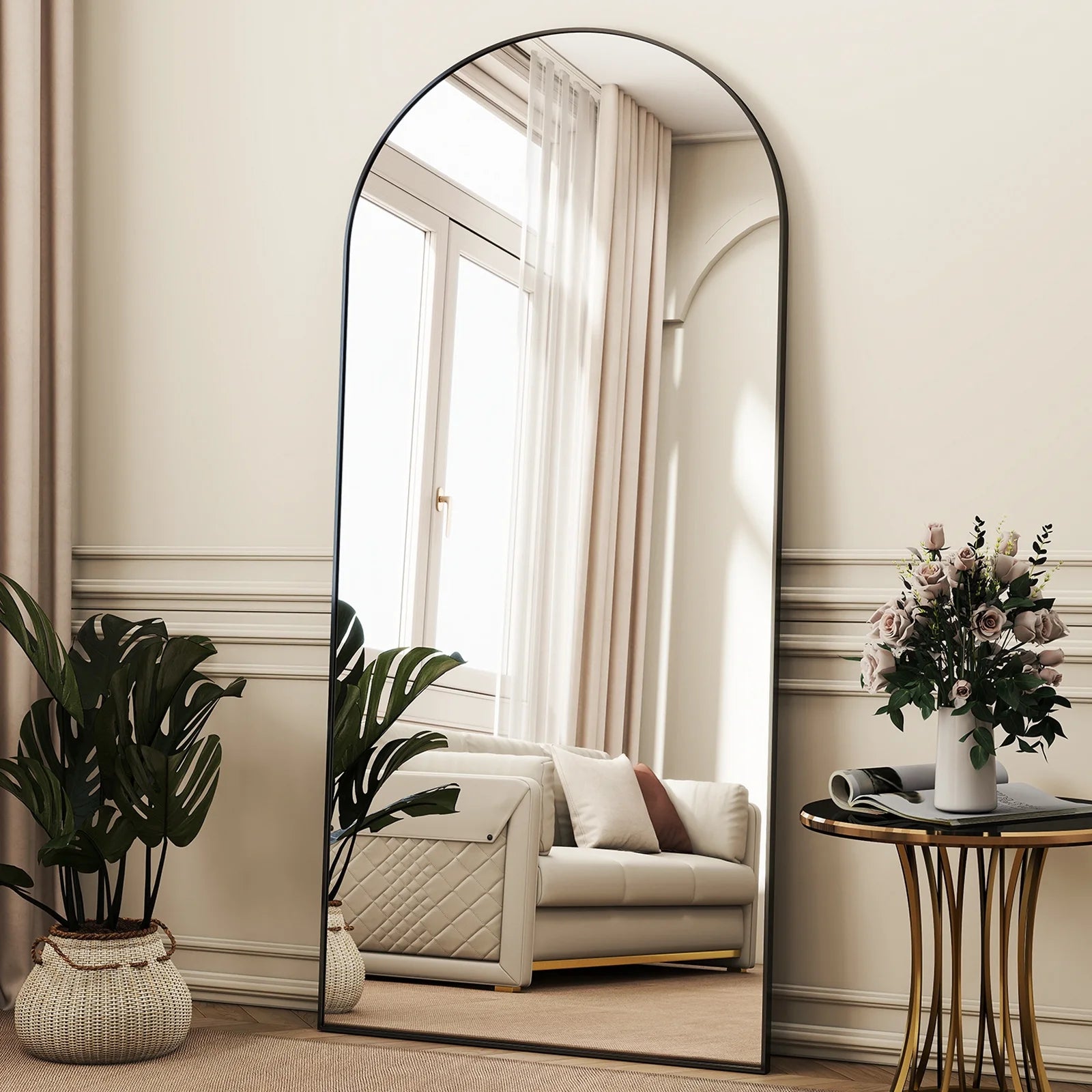 76"X34" Oversized Arched Metal Framed Standing Mirrors, Black