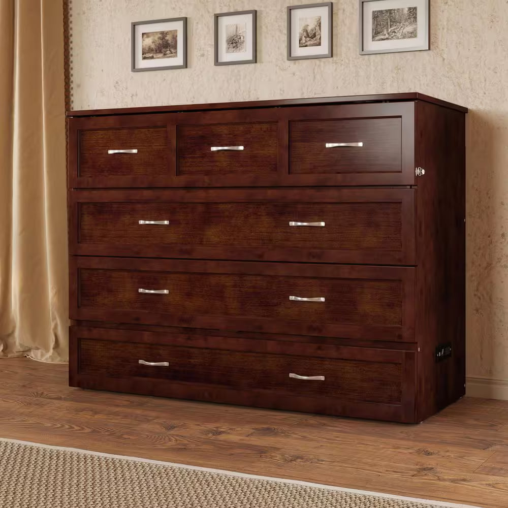 Deerfield Walnut Brown Wood Frame Full Murphy Bed Chest with 6 In. Mattress, Storage Drawer and Built-In Charger