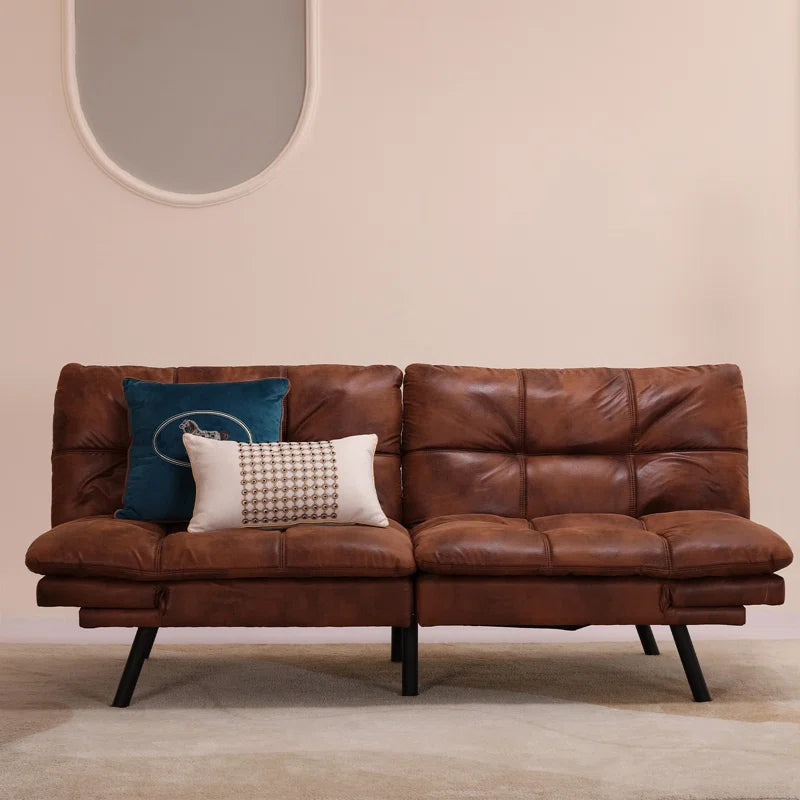 71" Mid Century Modern Leather Convertible Futon Twin Size with Adjustable Arms