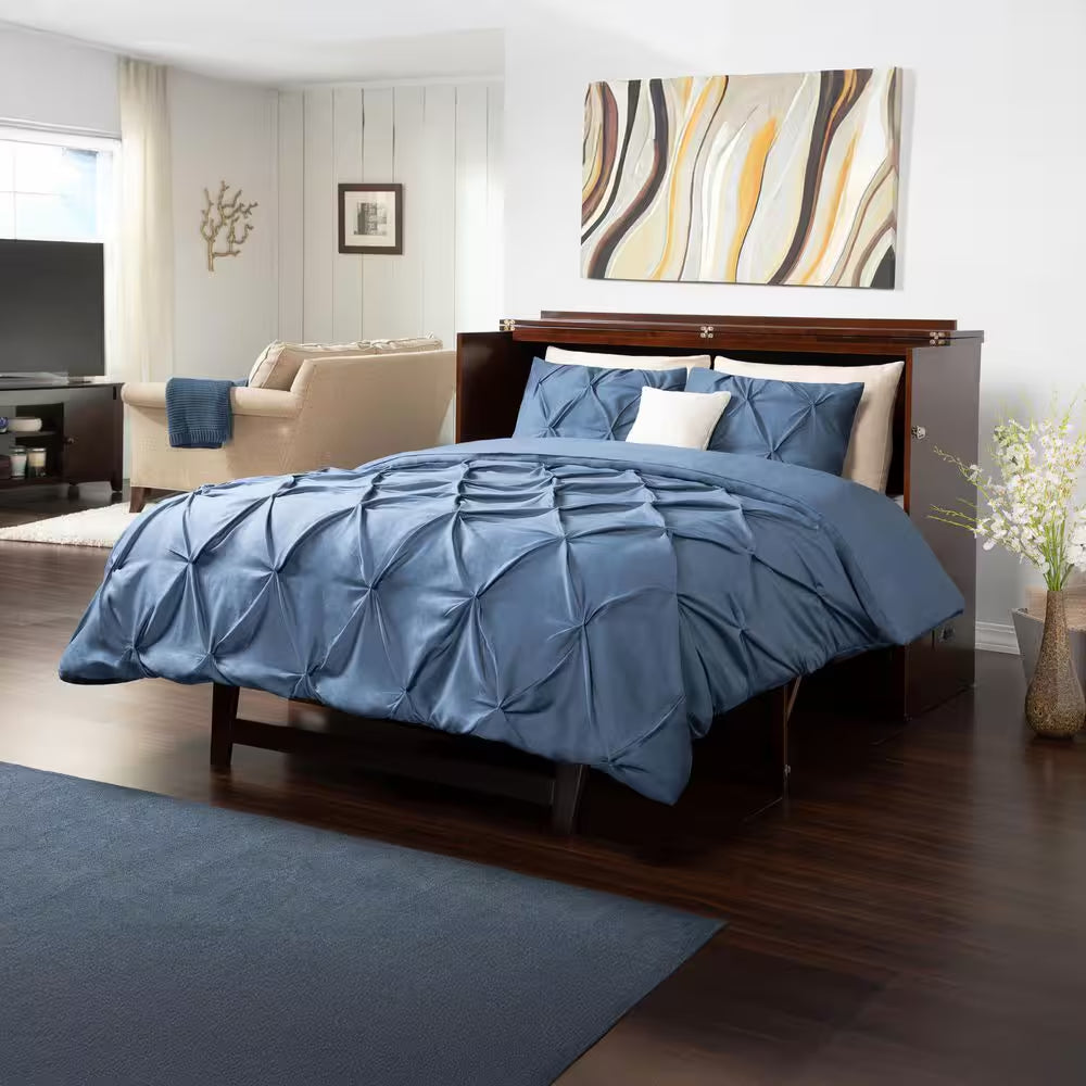 Deerfield Walnut Brown Wood Frame Queen Murphy Bed Chest with 6 In. Mattress, Storage Drawer and Built-In Charger