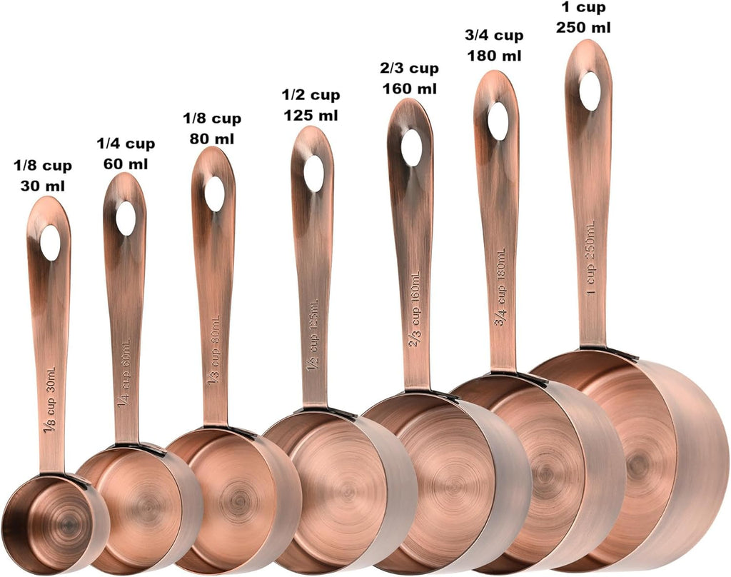 Copper Measuring Cups and Spoons Set of 18, 7 Measuring Cups, 9 Measuring Spoons, Stainless Steel Measuring Spoons and Cups for Dry & Wet Ingredients during Kitchen & Baking