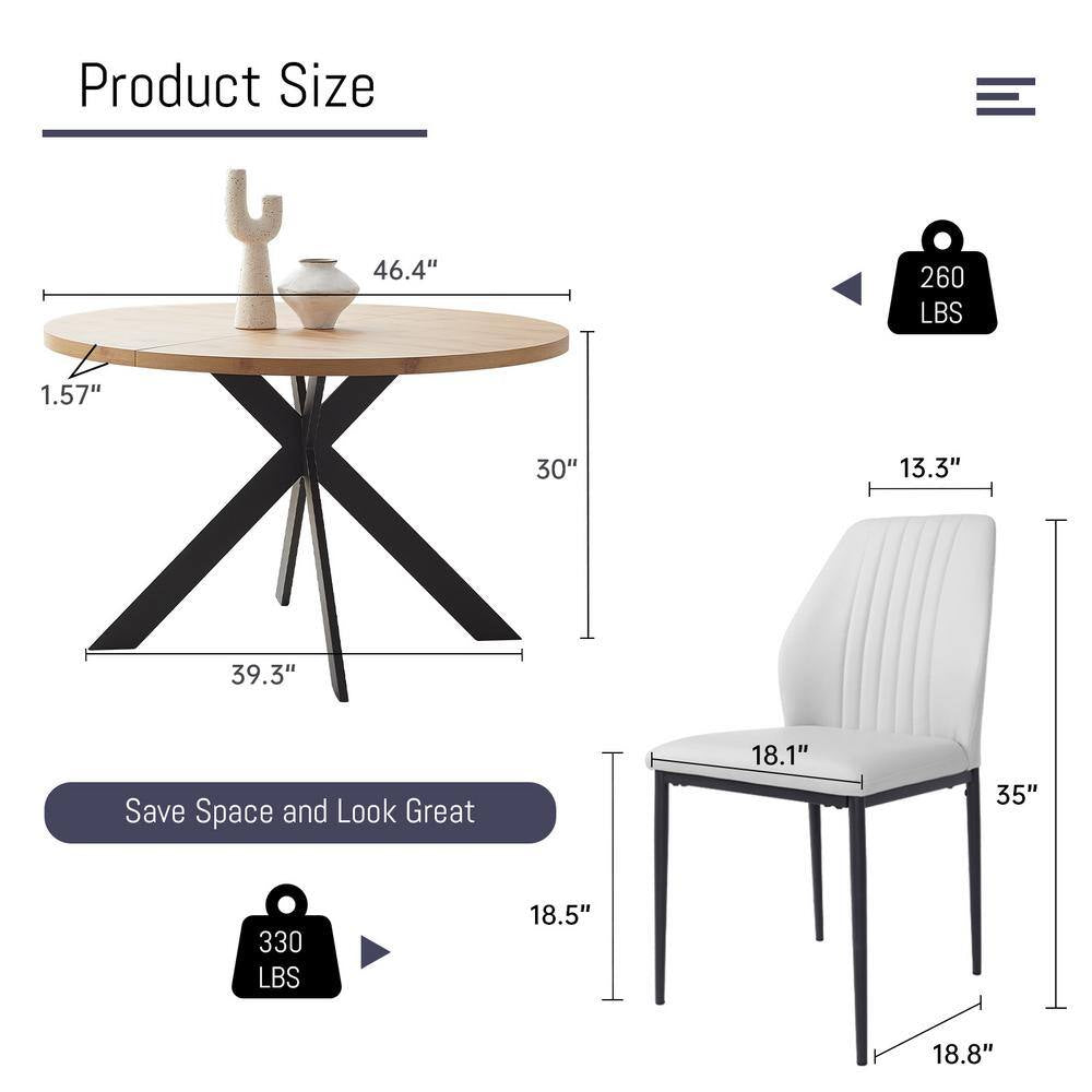 5-Piece White Chairs and round Oak Wood Top, Dining Table Set, Dining Room Set with 4-Modern Chairs