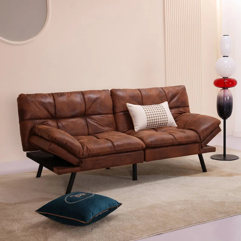71" Mid Century Modern Leather Convertible Futon Twin Size with Adjustable Arms