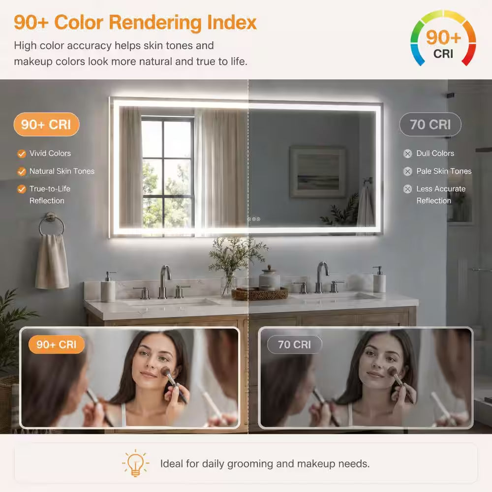 72 In. W X 36 In. H Rectangular Frameless LED Wall Bathroom Vanity Mirror