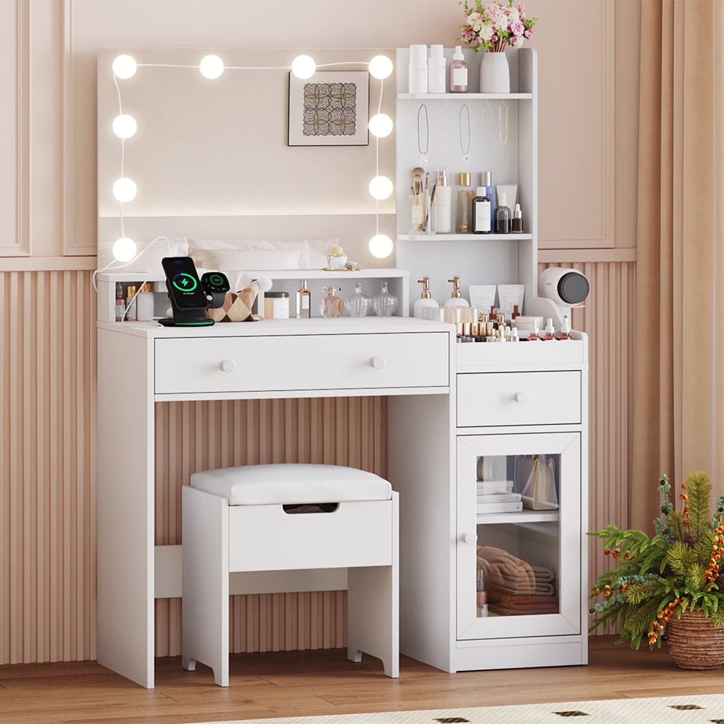 39.8" White Vanity Desk with Mirror and Lights, Modern Makeup Table with Charging Station and Storage