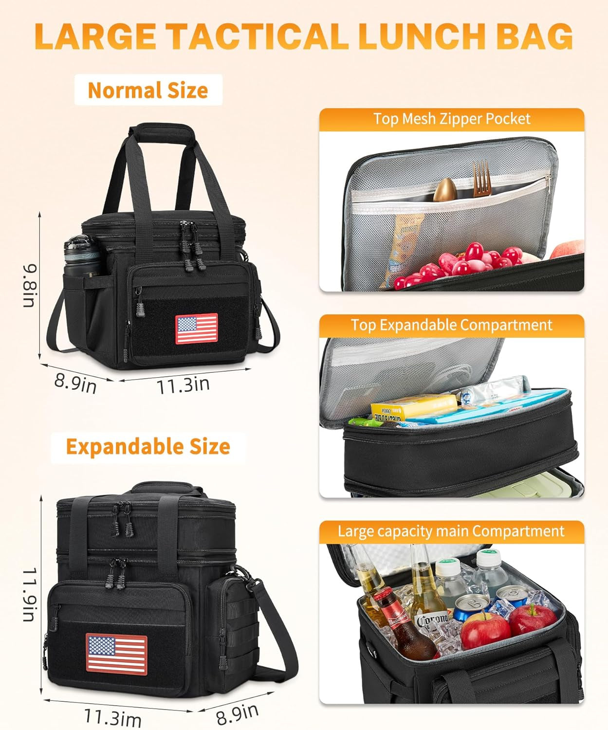Tactical Lunch Box for Men, Insulated Lunch Bag Adult, Thermal Lunchbox Leakproof Waterproof Cooler Bag, Large Lunch Pail for Work Office Camping Travel (Black)