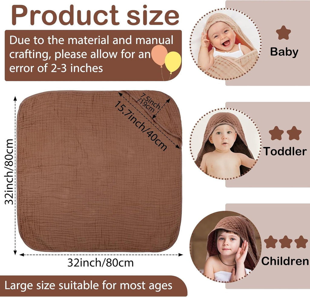 6 Pcs Baby Muslin Hooded Bath Towels and Washcloths Muslin Cotton Hooded Baby Towels Absorbent Blankets for Gift Newborn Infant Shower (32 X 32 Inch,Brown,Coffee)