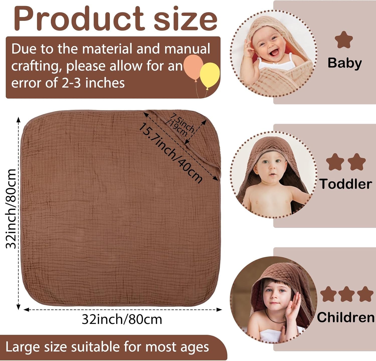 6 Pcs Baby Muslin Hooded Bath Towels and Washcloths Muslin Cotton Hooded Baby Towels Absorbent Blankets for Gift Newborn Infant Shower (32 X 32 Inch,Brown,Coffee)