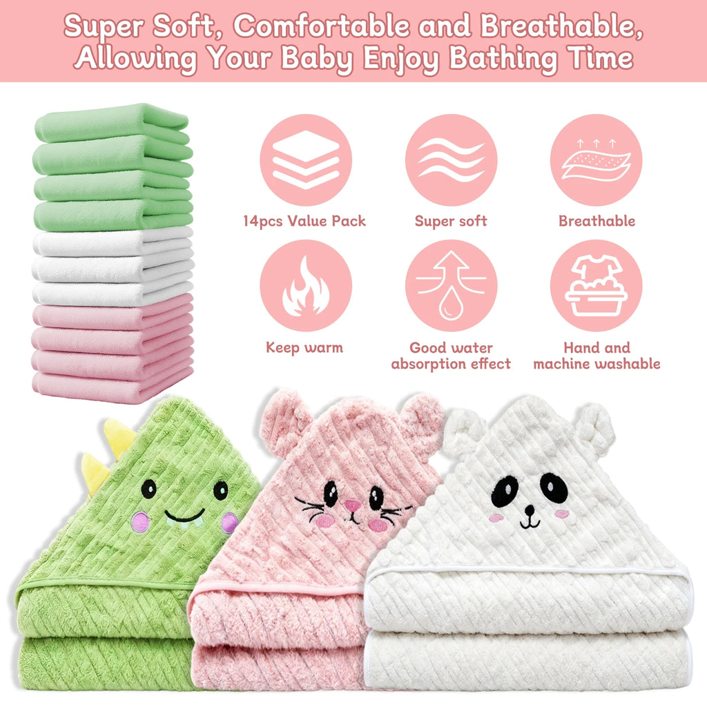 14 PCS Baby Bath Towels Set, 3 PCS Soft Hooded Baby Towels & 11 PCS Washcloths, Bath Towels for Newborns, Infants & Toddlers, Ultra Absorbent, Cute Baby Towel Gift for Girls