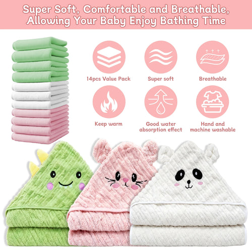 14 PCS Baby Bath Towels Set, 3 PCS Soft Hooded Baby Towels & 11 PCS Washcloths, Bath Towels for Newborns, Infants & Toddlers, Ultra Absorbent, Cute Baby Towel Gift for Girls