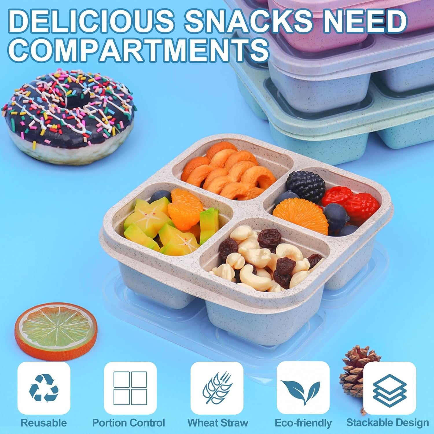 4 Pack Snack Containers, Divided Bento Snack Box, 4 Compartments Reusable Meal Prep Lunch Containers for Kids Adults, Food Storage Containers for School Work Travel