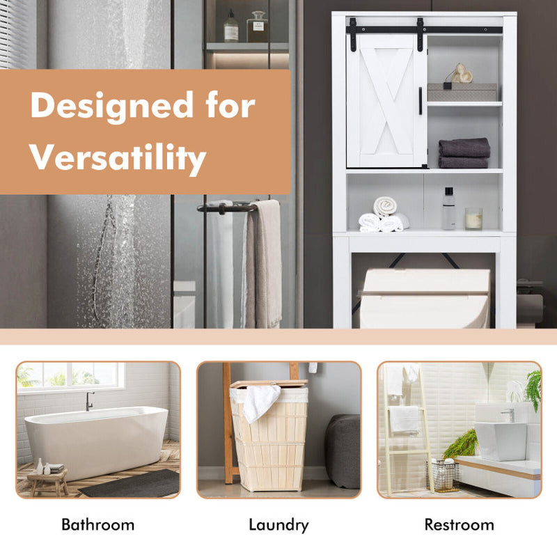 3-Tier Wodden Bathroom Cabinet with Sliding Barn Door and 3-Position Adjustable Shelves