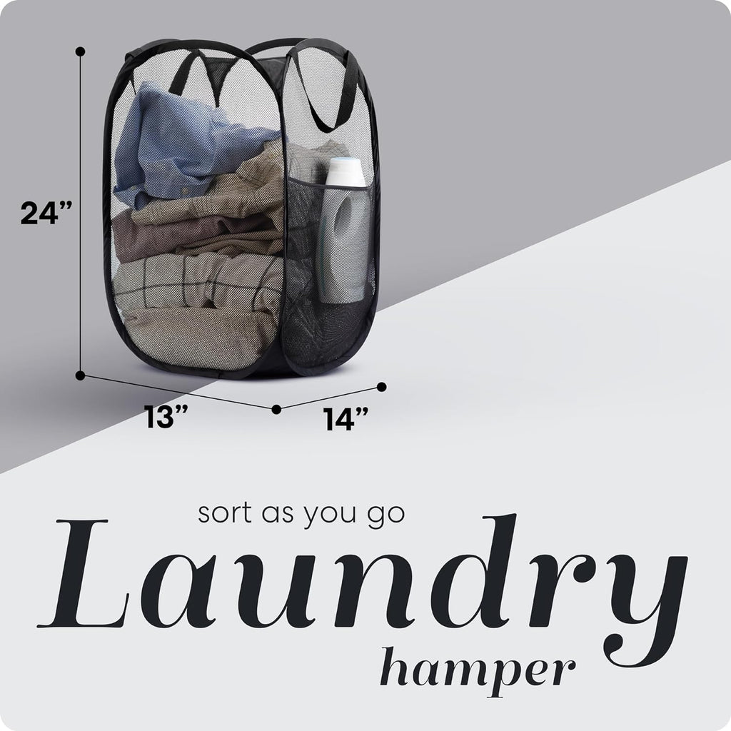 Collapsible Mesh Pop up Hamper with Wide Opening and Side Pocket - Breathable, Sturdy, Foldable, and Space-Saving Design for Clothes and Storage (Black)