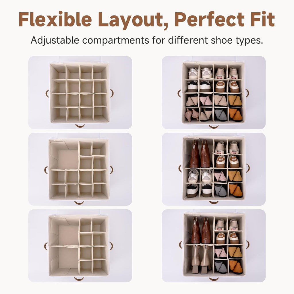 Shoe Organizer for Closet, Shoe Storage Cubby Containers with Adjustable Dividers and Clear Cover, Fits up to 16 Pairs, Foldable Shoe Storage Box for Closet, Entryway, Beige
