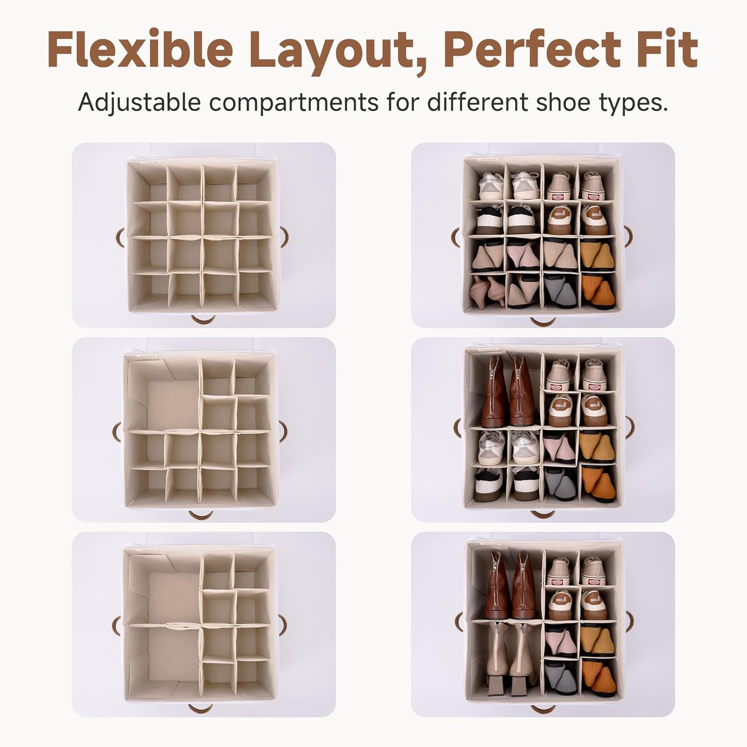 Shoe Organizer for Closet, Shoe Storage Cubby Containers with Adjustable Dividers and Clear Cover, Fits up to 16 Pairs, Foldable Shoe Storage Box for Closet, Entryway, Beige
