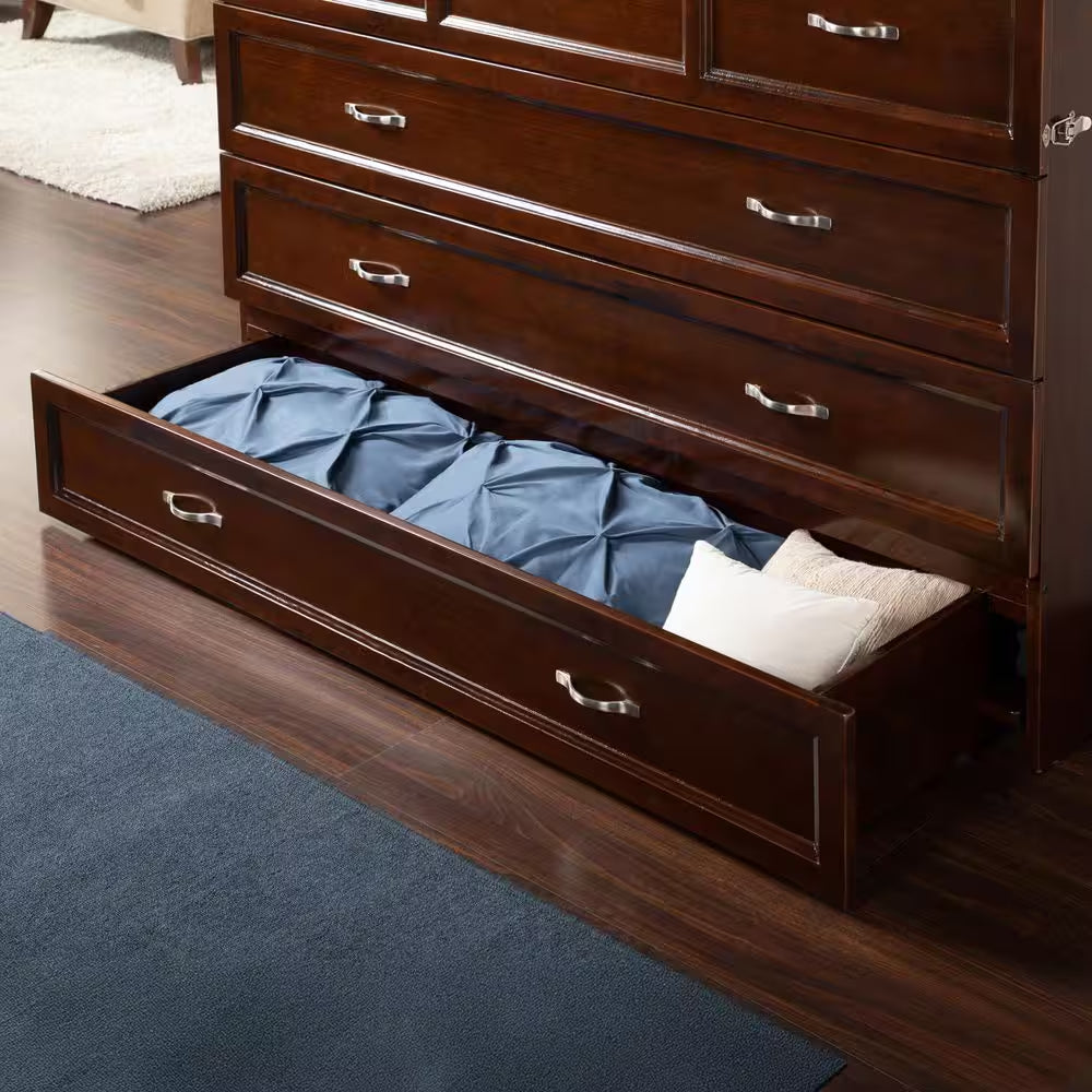Deerfield Walnut Brown Wood Frame Queen Murphy Bed Chest with 6 In. Mattress, Storage Drawer and Built-In Charger