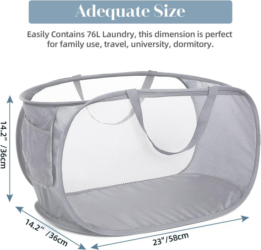 Durable Collapsible Laundry Baskets, Mesh Pop up Laundry Hamper with Side Pocket, Foldable Clothes Storage Hamper with Reinforced Carry Handles for Laundry, Bathroom, Kids Room, Dorm or Travel Grey