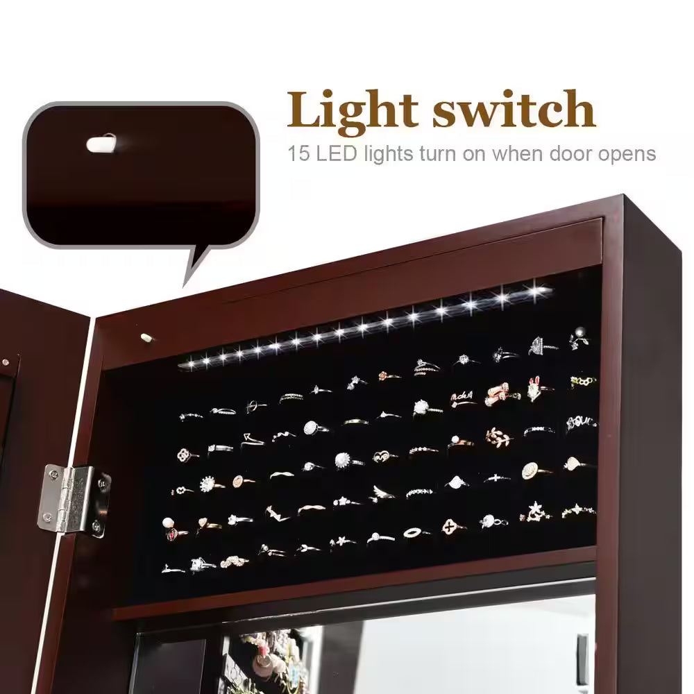 47 In. H X 14.5 In. W X 3.5 In. D Wall Door Mounted Lockable Jewelry Cabinet Armoire Organizer with LED Brown