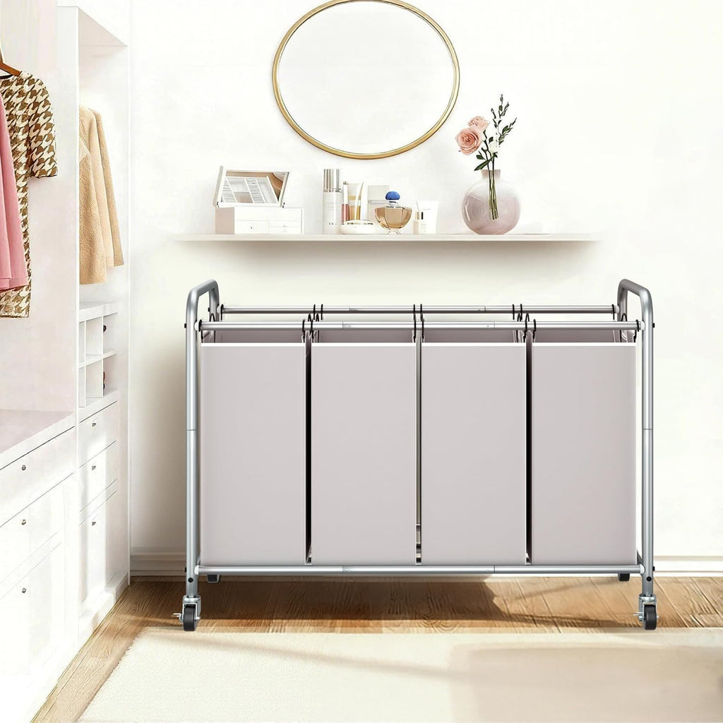 Laundry Sorter 4 Section, 47.5 Gal (180 L) Laundry Hamper with Wheels, Clothes Divider Basket Sorter, Clothes Separator Hamper Cart with Wheels and Removable Bags, Gray