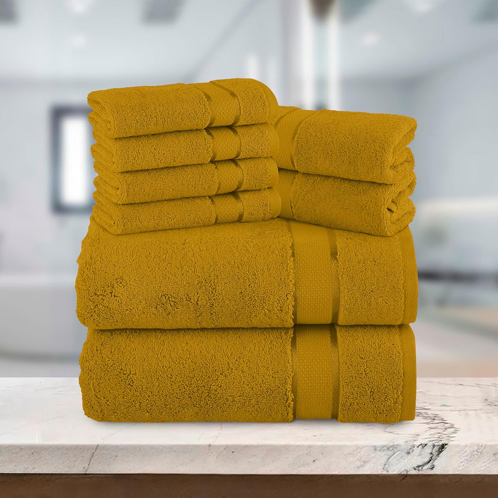 Premium Cotton 8-Piece Towel Set, Includes 4 Washcloths, 2 Hand Towels and 2 Bath Towels, 100% Turkish Cotton - Highly Absorbent and Super Soft Towels for Bathroom, Gold