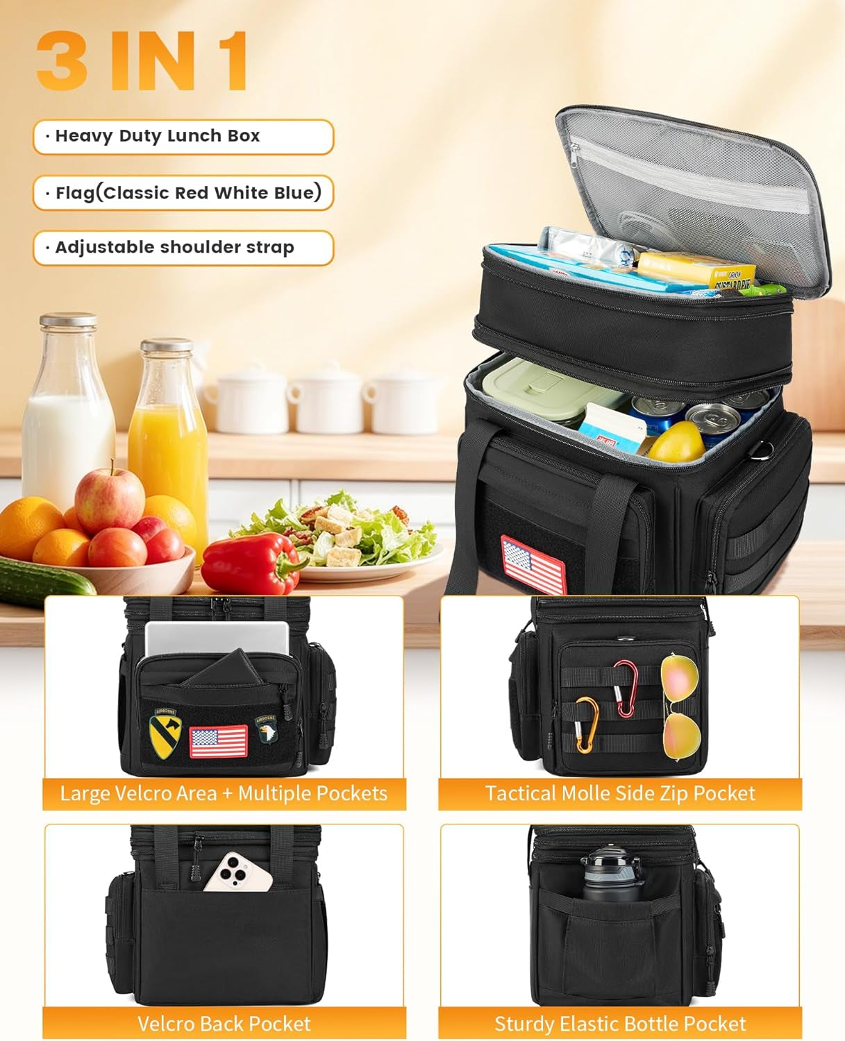 Tactical Lunch Box for Men, Insulated Lunch Bag Adult, Thermal Lunchbox Leakproof Waterproof Cooler Bag, Large Lunch Pail for Work Office Camping Travel (Black)