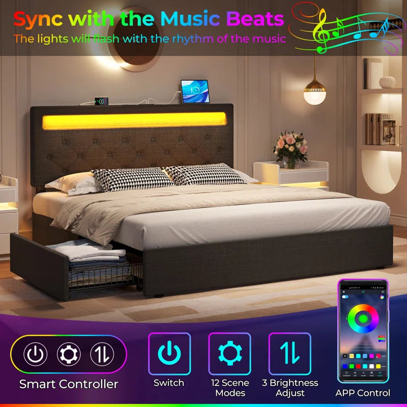 Upholstered Storage Bed with Adjustable Headboard, LED Lights and USB Power Strips
