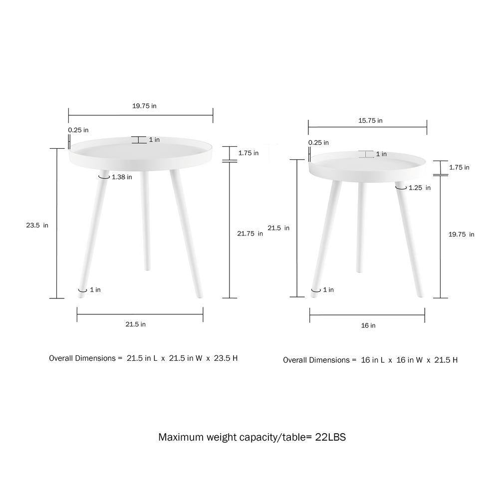 Round Wood End Tables, 21.5 in White Mid-Century Modern Nesting Side Tables, Accent Table Set with Tray Tops (Set of 2 )