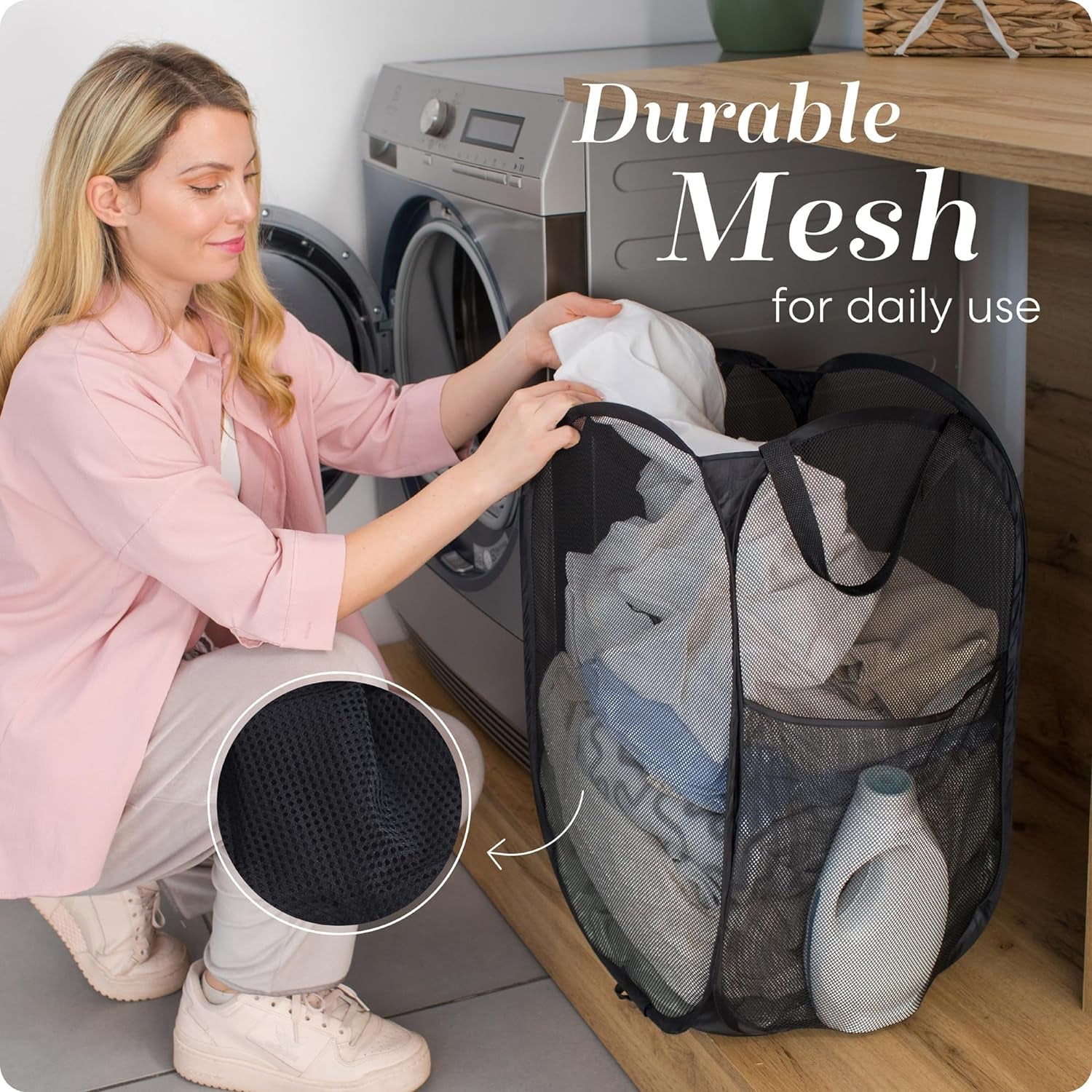 Collapsible Mesh Pop up Hamper with Wide Opening and Side Pocket - Breathable, Sturdy, Foldable, and Space-Saving Design for Clothes and Storage (Black)