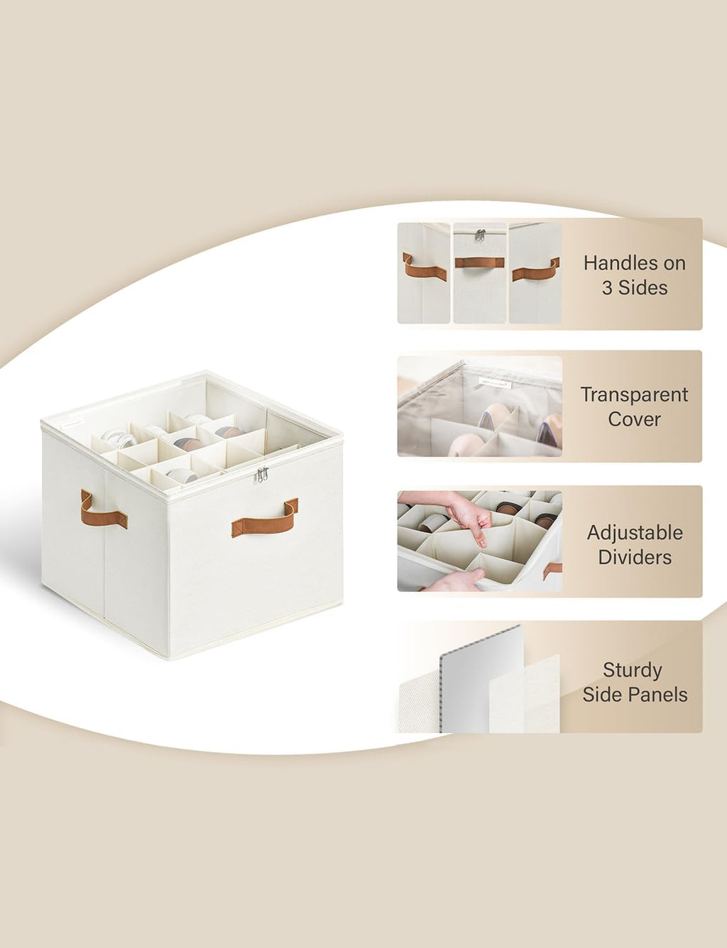 Shoe Organizer for Closet, Shoe Storage Cubby Containers with Adjustable Dividers and Clear Cover, Fits up to 16 Pairs, Foldable Shoe Storage Box for Closet, Entryway, Beige