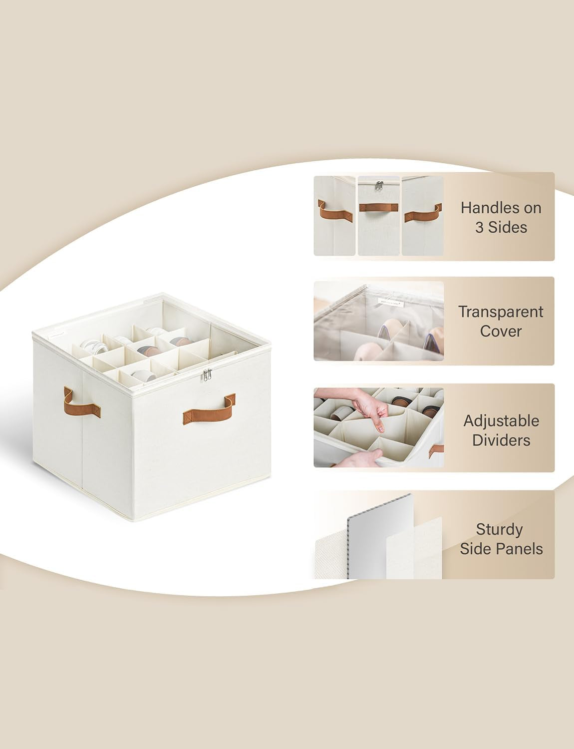 Shoe Organizer for Closet, Shoe Storage Cubby Containers with Adjustable Dividers and Clear Cover, Fits up to 16 Pairs, Foldable Shoe Storage Box for Closet, Entryway, Beige