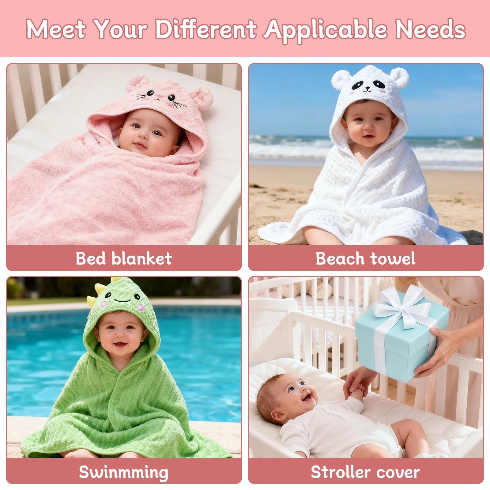 14 PCS Baby Bath Towels Set, 3 PCS Soft Hooded Baby Towels & 11 PCS Washcloths, Bath Towels for Newborns, Infants & Toddlers, Ultra Absorbent, Cute Baby Towel Gift for Girls